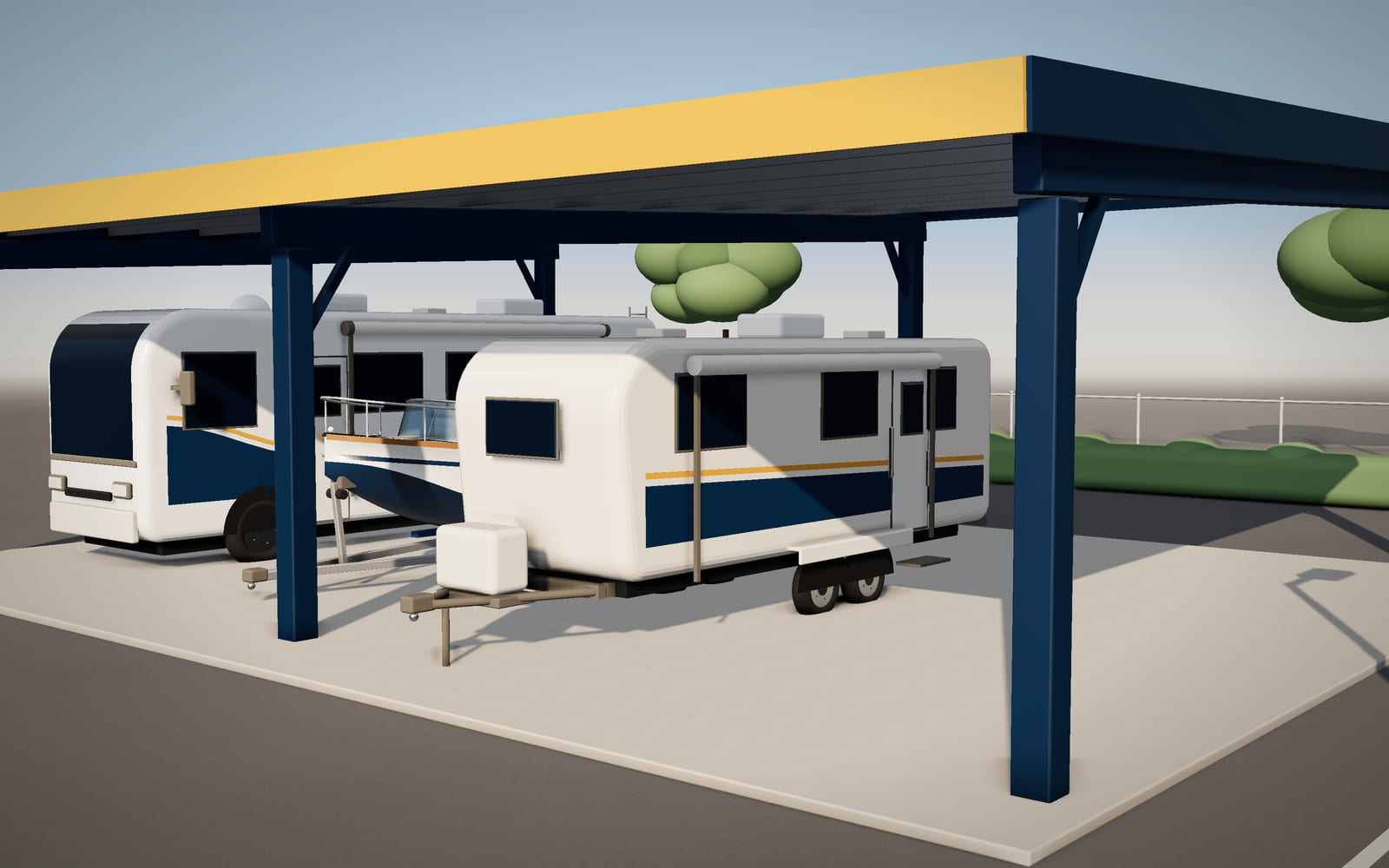Travel trailer under a covered parking canopy