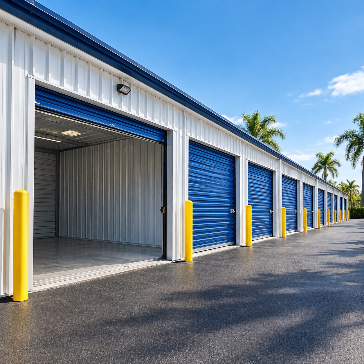 Row of drive-up storage units with blue roll-up doors